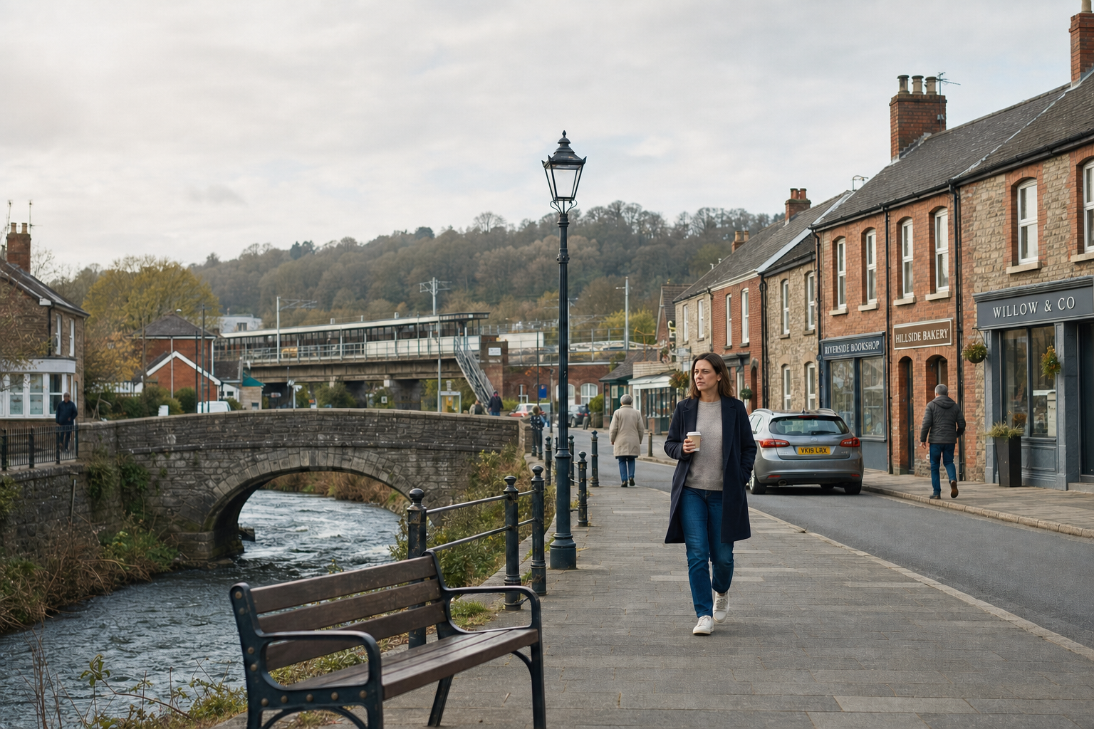 Woman walks along a riverside street with shops and old bridge on an overcast day.
