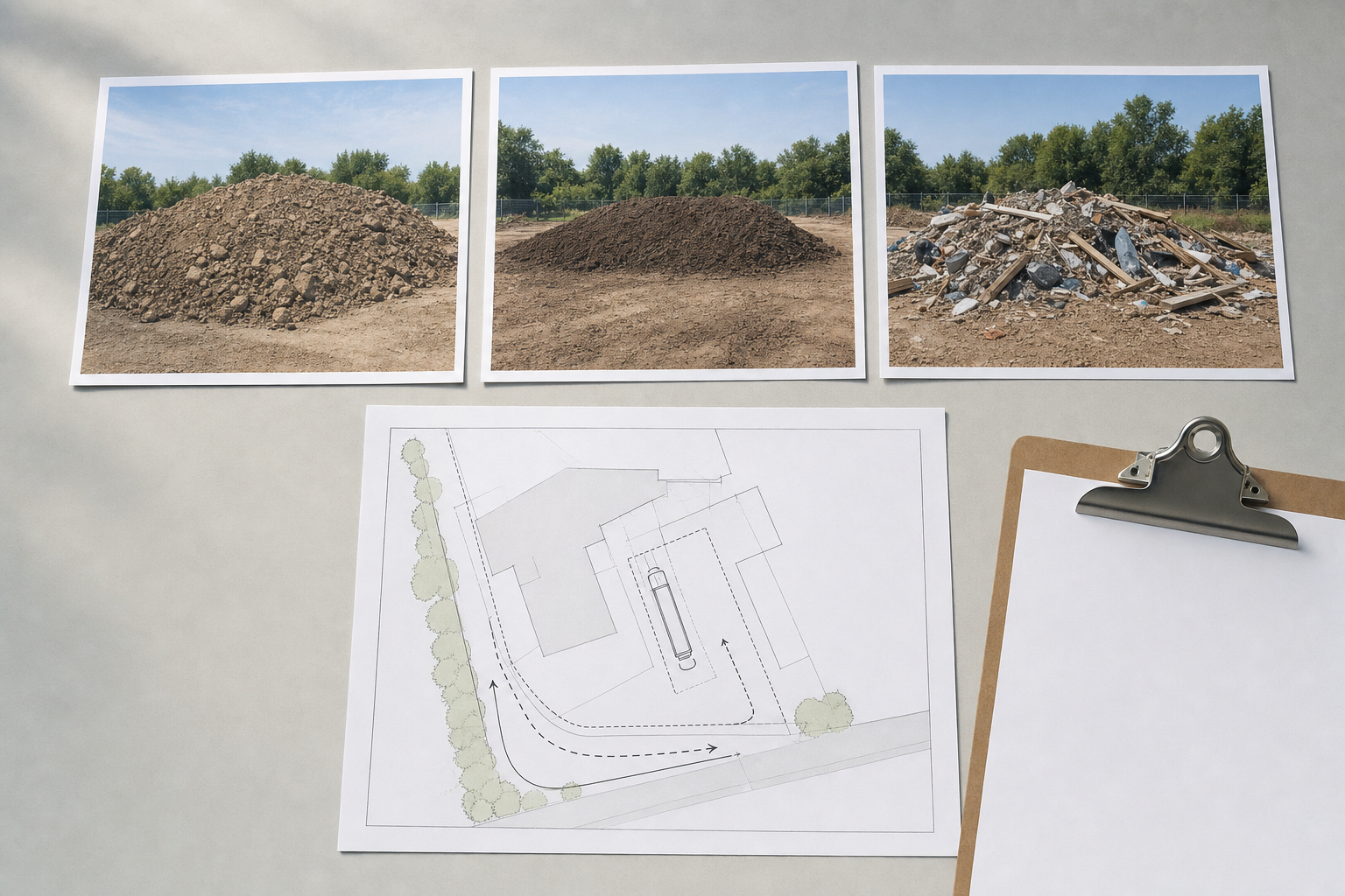 Three photographs of soil and debris piles above an architectural site plan and a blank clipboard.