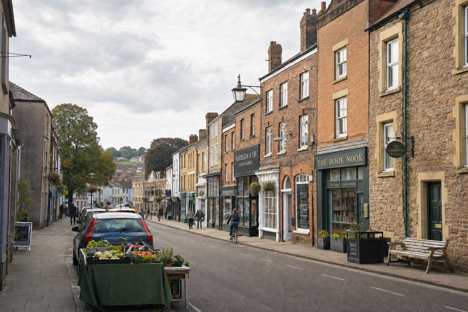 A quaint British high street with shops, parked cars, and a produce stand under a cloudy sky.