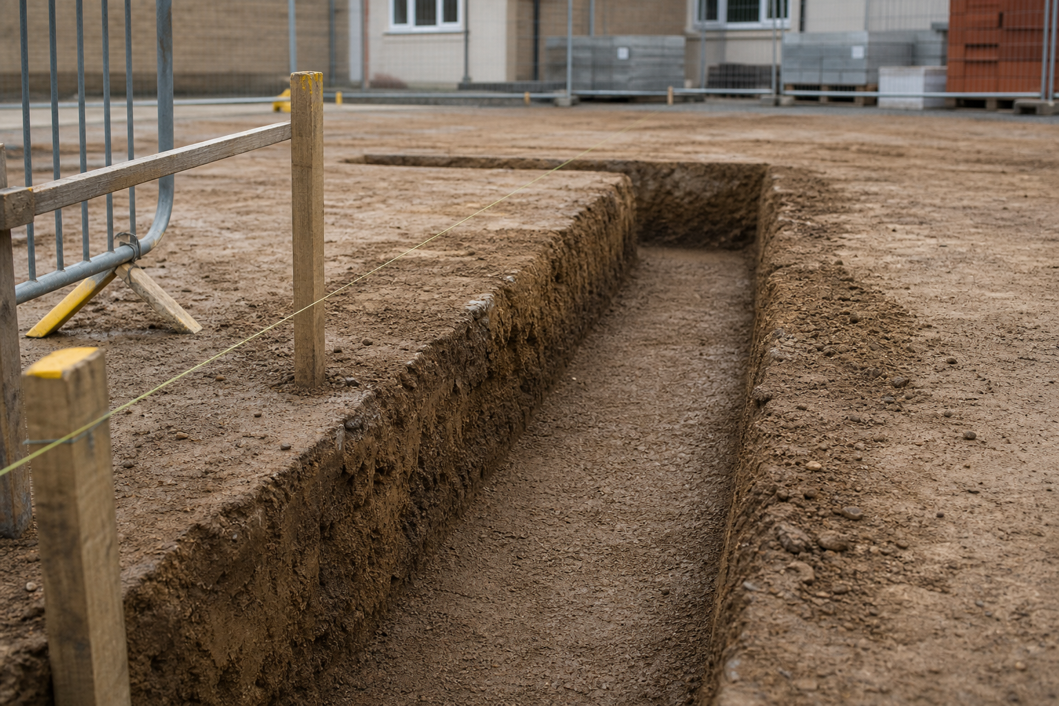 A freshly dug trench at a construction site, with surrounding fencing and buildings in the background.
