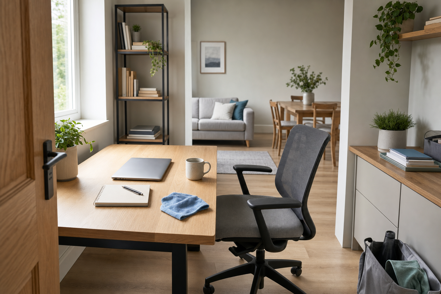 Modern home office setup with a desk, laptop, and chair, leading into a living area with a sofa and dining table.