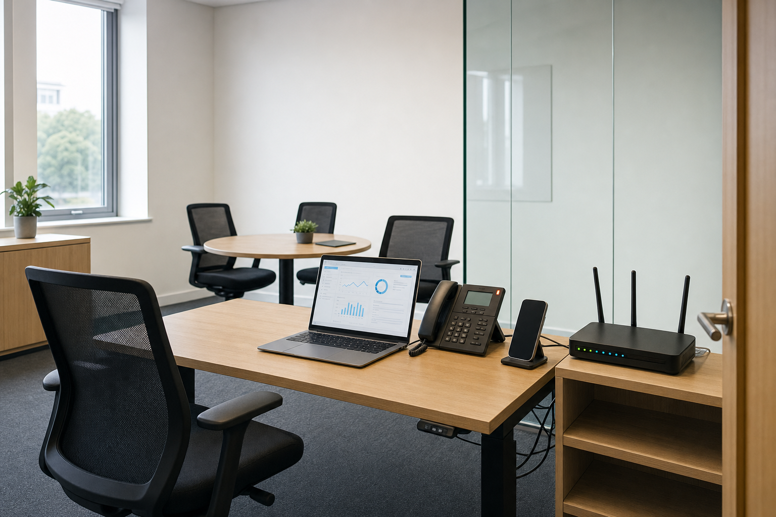 Modern office with a wooden desk, laptop showing graphs, phone, and meeting table in the background.