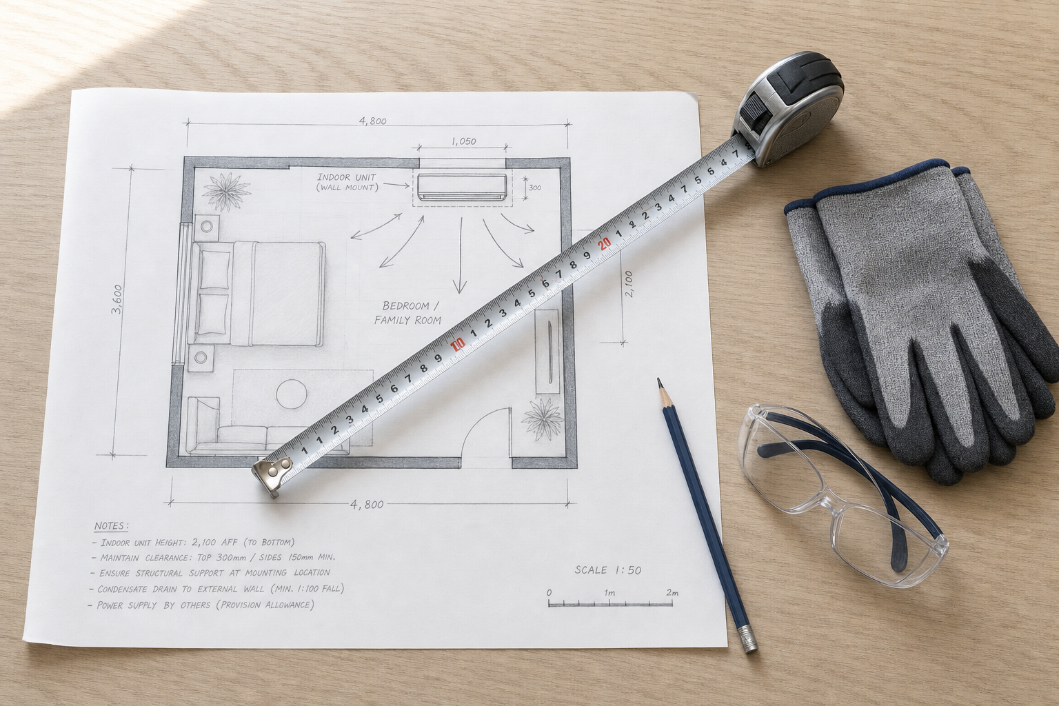Architectural floor plan with a tape measure, gloves, pencil, and safety glasses placed on a wooden table.