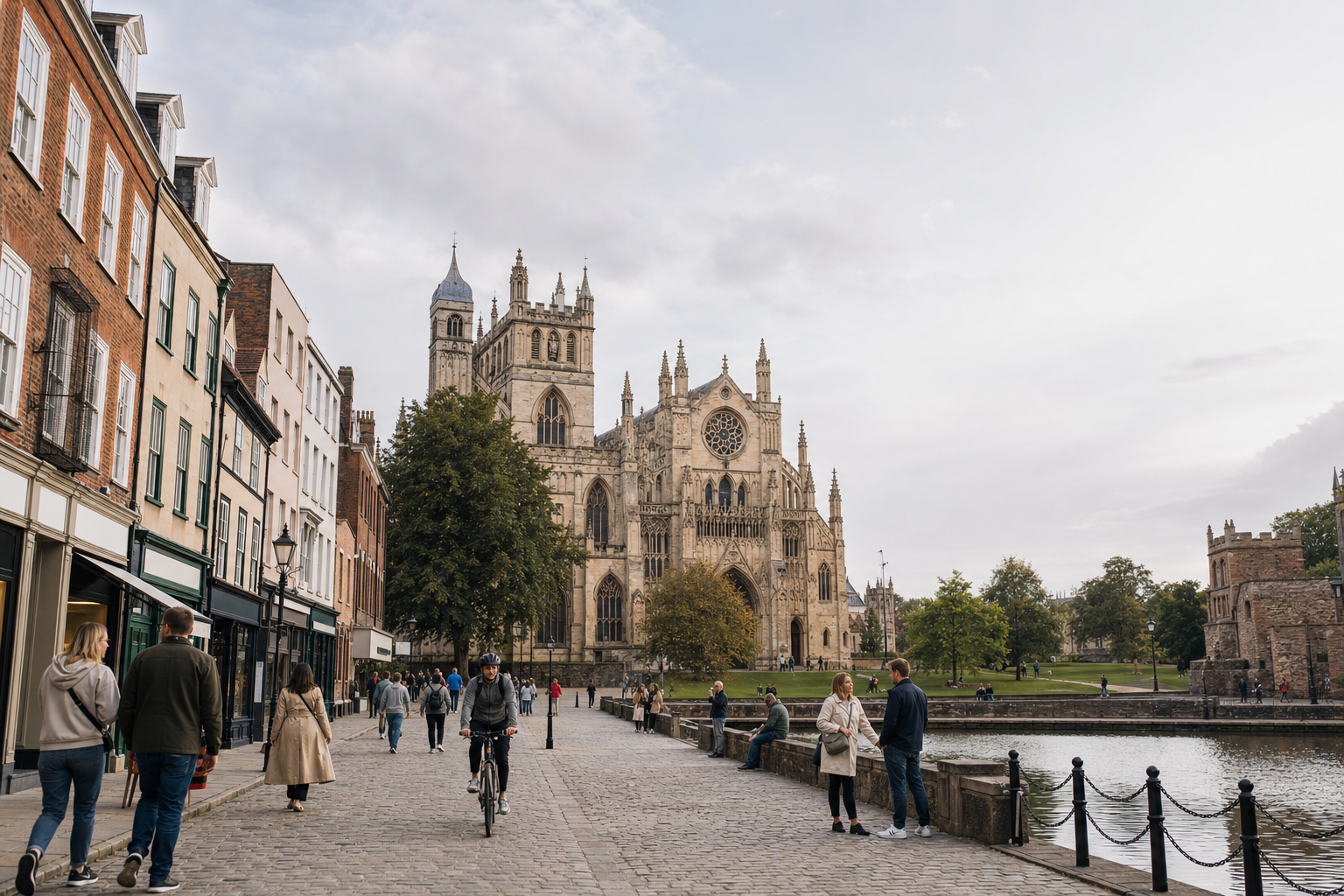 People walking and cycling along a cobblestone street beside an impressive historic cathedral on a cloudy day.