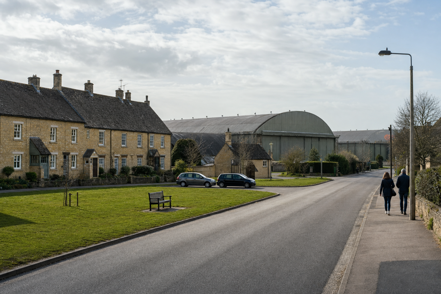A quiet street with stone cottages, a grassy area, parked cars, and people walking under a cloudy sky.