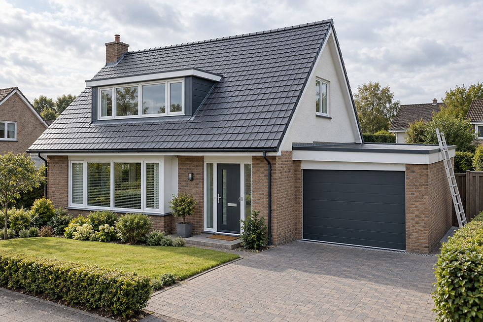 Modern brick house with a tiled roof, large windows, and a driveway leading to an attached garage.
