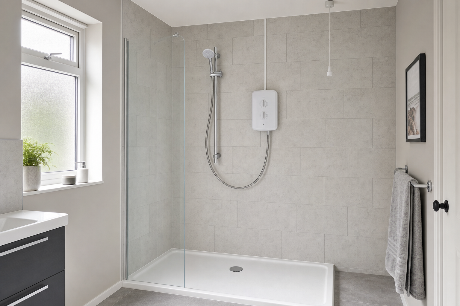 Modern bathroom with a walk-in shower, tiled walls, a towel on a rail, and a small potted plant by a frosted window.