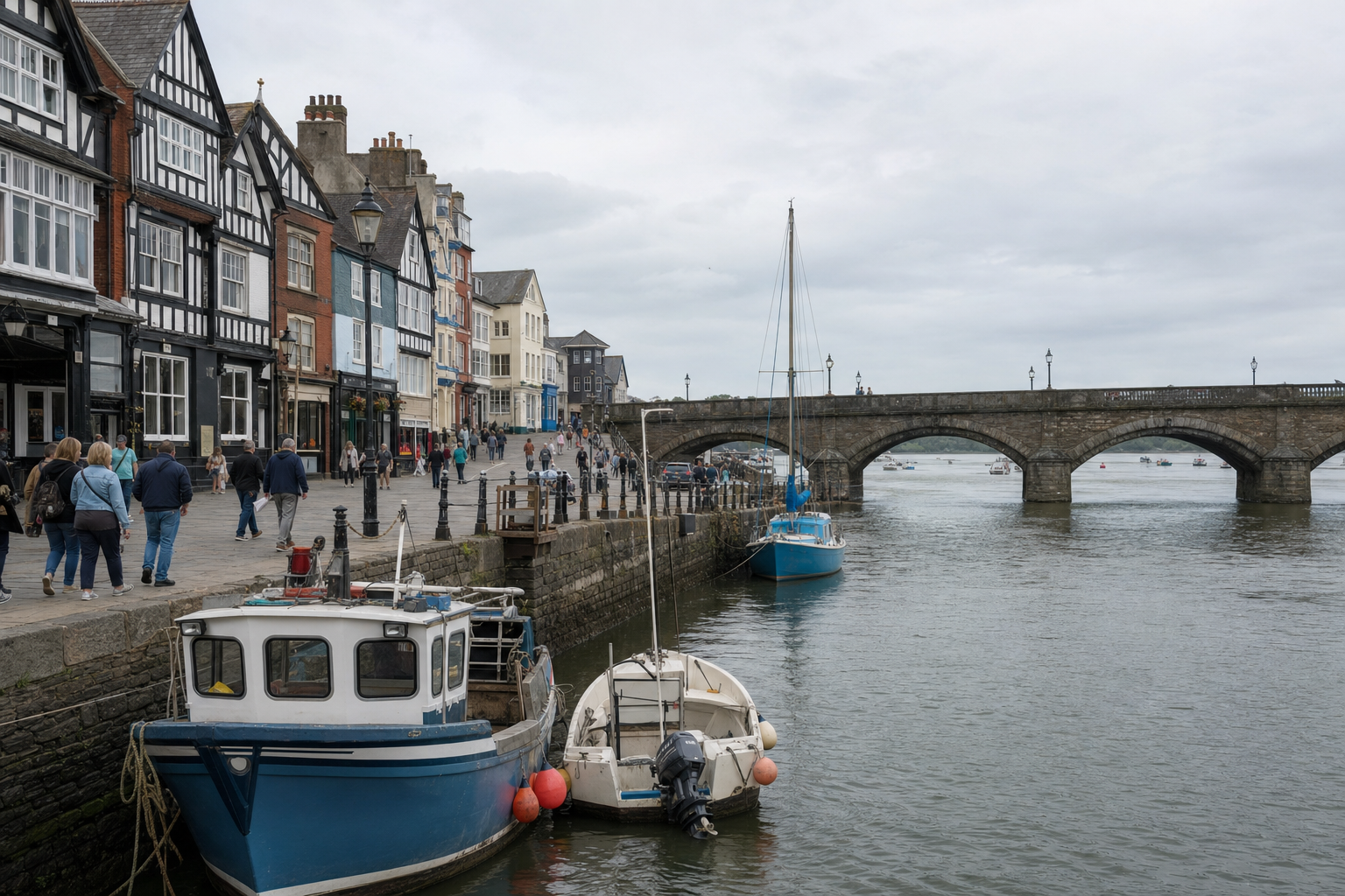 A quaint harbour scene with moored boats, a stone bridge, and people strolling by historic buildings.