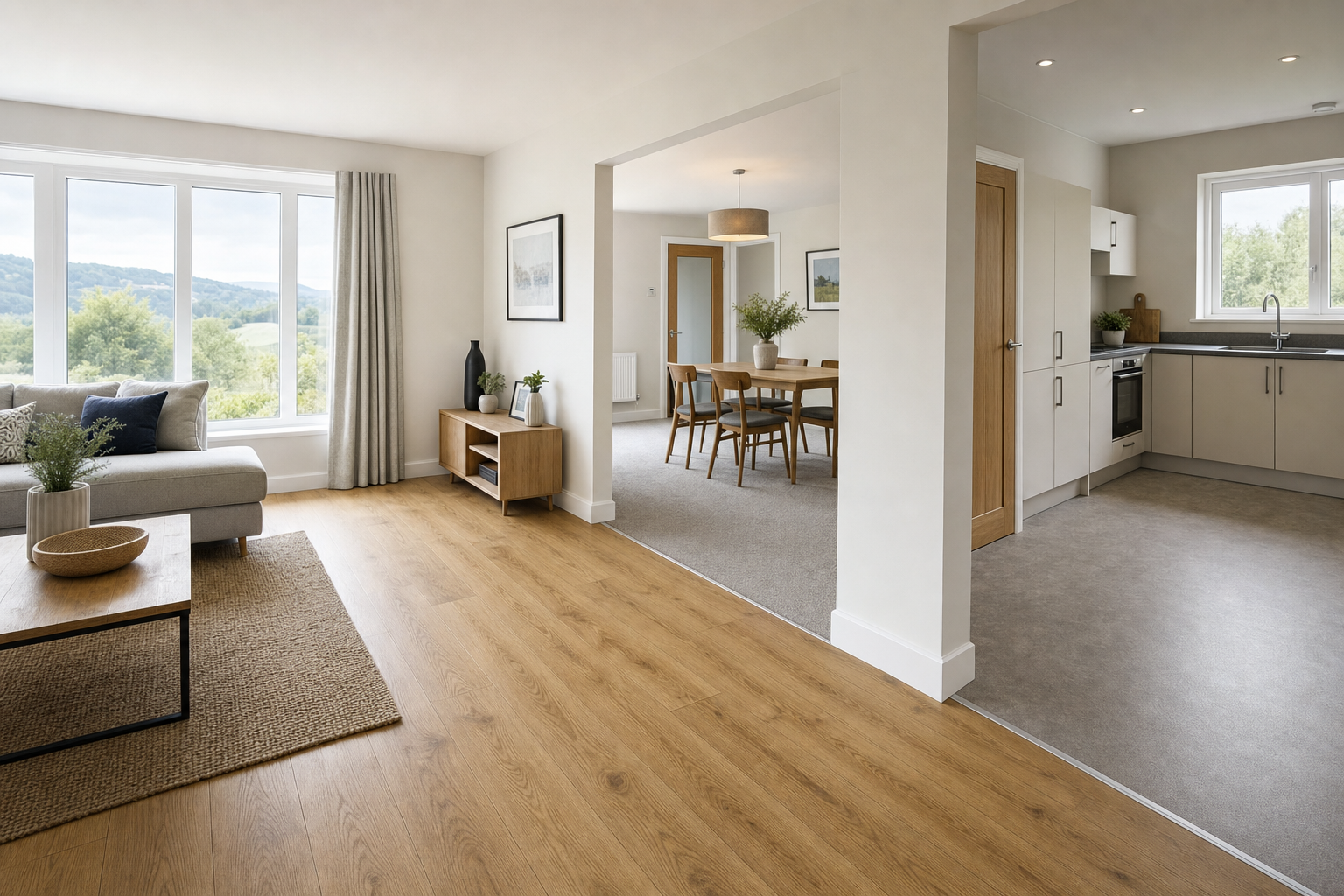 Spacious open-plan living area with modern kitchen, dining table, and large windows overlooking a scenic landscape.
