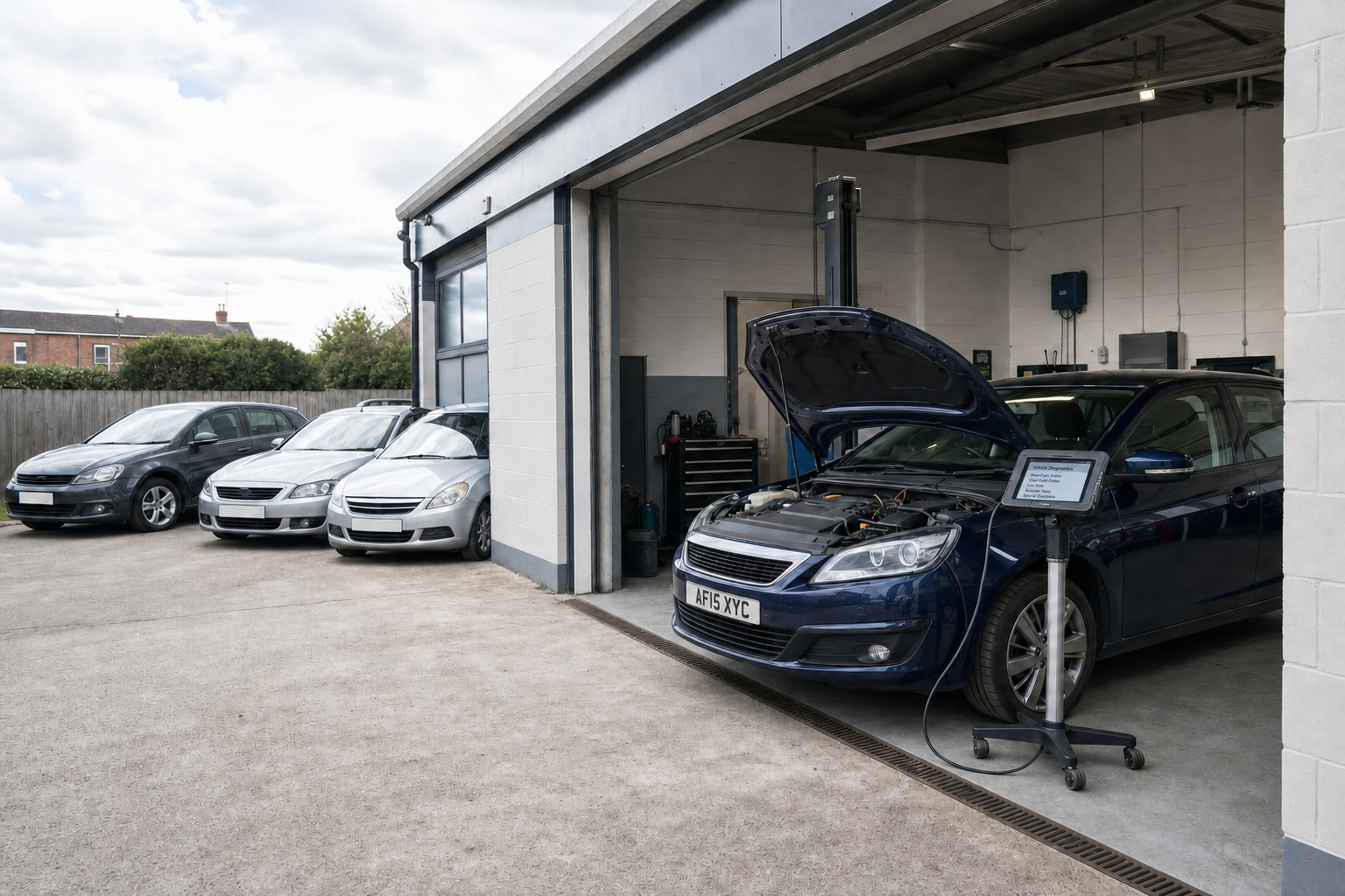 A blue car undergoing diagnostics inside a garage with three parked cars outside.