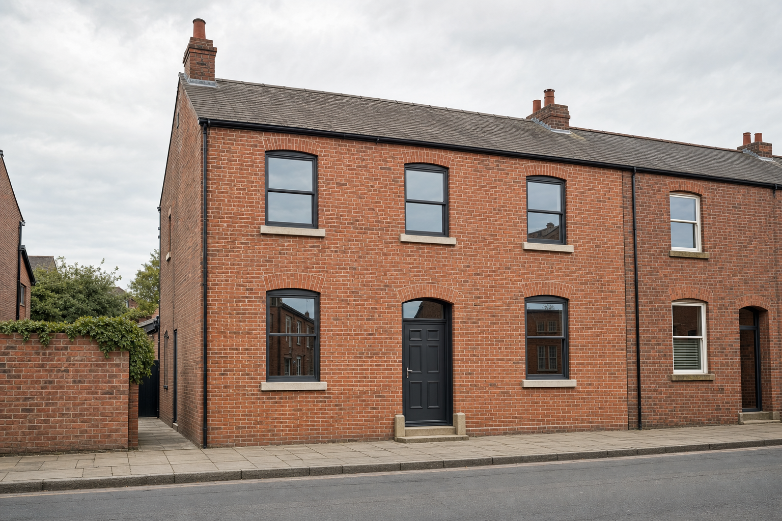 Red-brick terraced house with black door and arched windows on a quiet street under a cloudy sky.