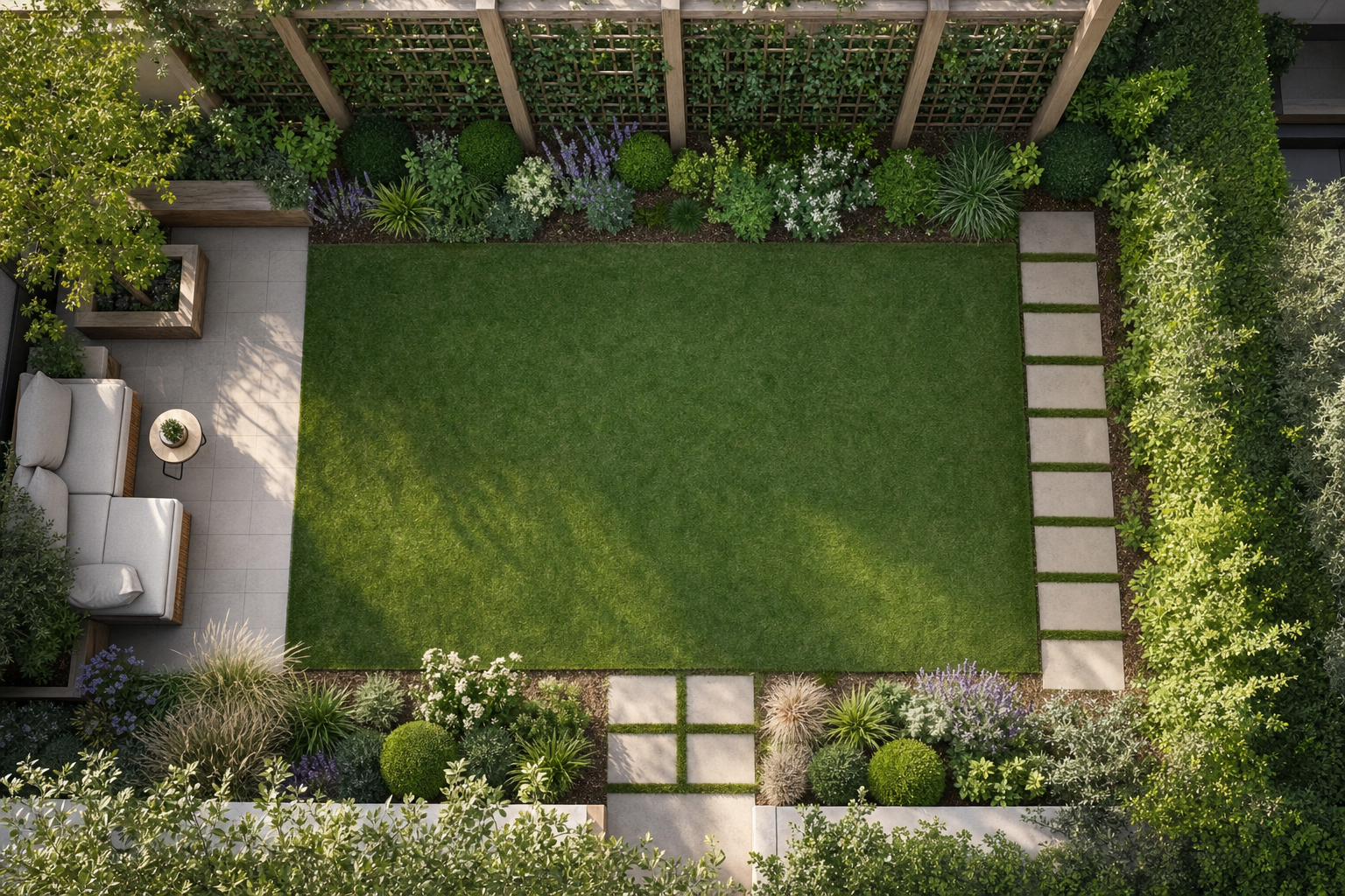 Aerial view of a landscaped garden with a neatly trimmed lawn, surrounding plants, and a patio with outdoor seating.