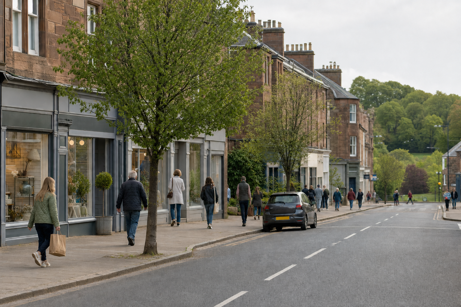 People walking along a tree-lined street with shops and parked cars on a cloudy day.