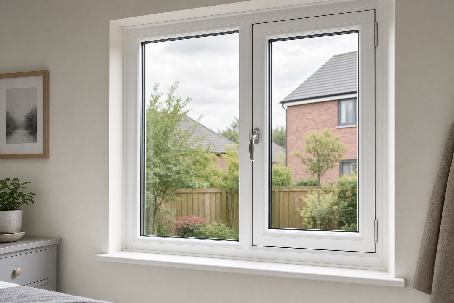White-framed window overlooking a suburban garden with red brick houses in the background.