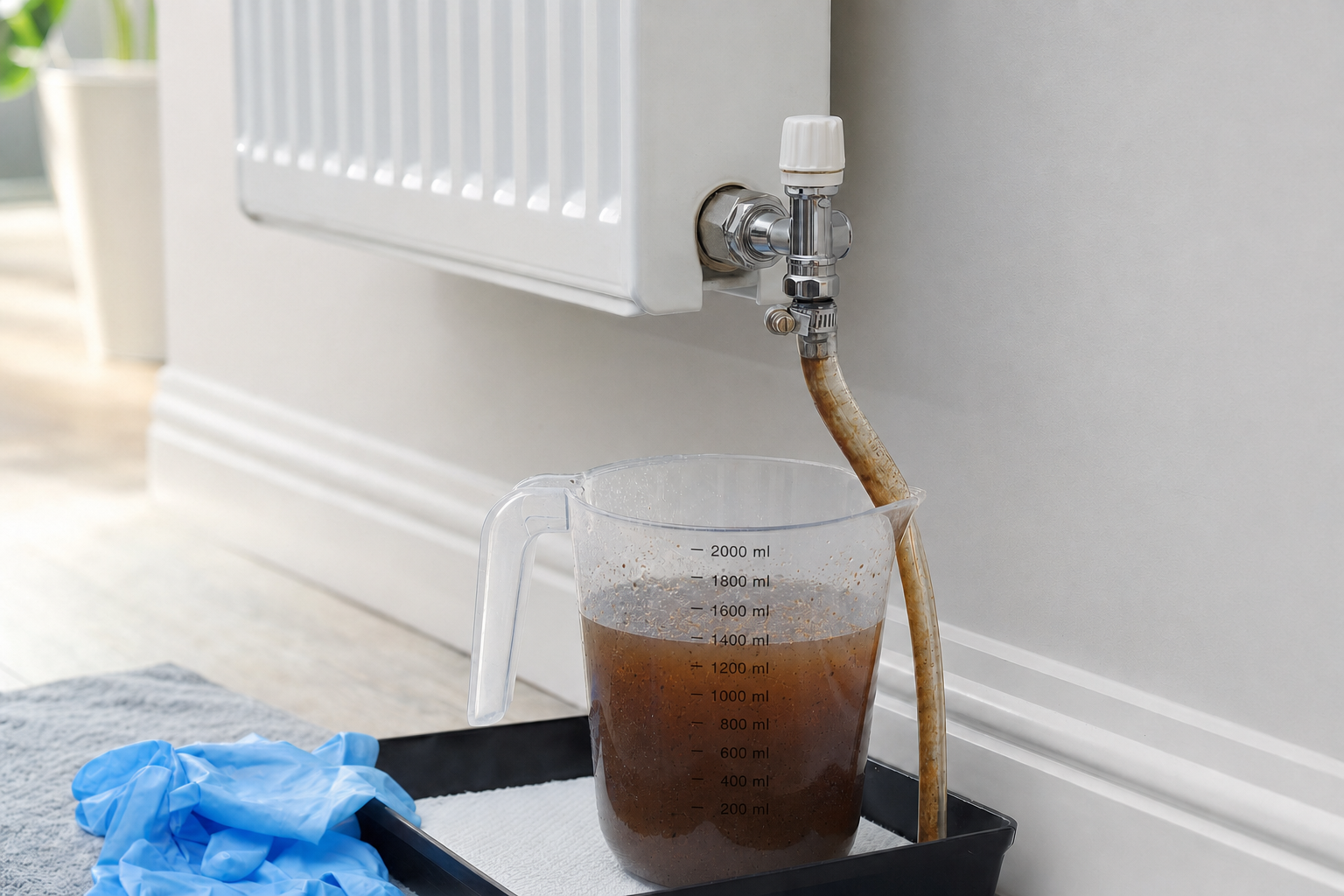 A radiator is being drained into a measuring jug filled with brown water, with rubber gloves placed nearby.