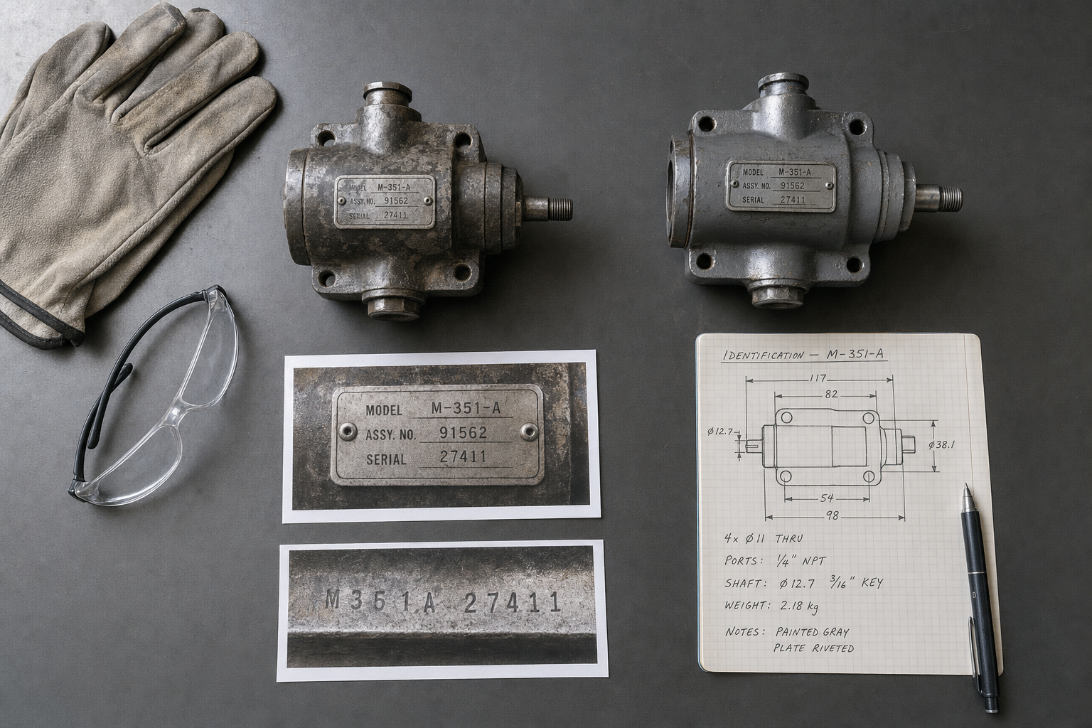 Two metal devices with labels accompanied by gloves, safety glasses, close-up photos, and design schematics on a table.