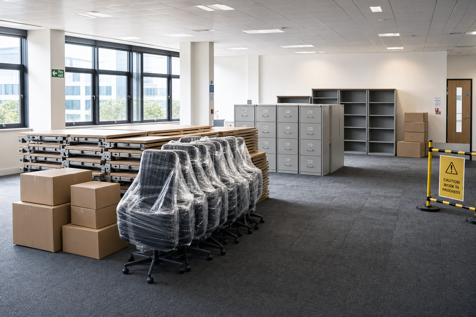An empty office space being set up with wrapped chairs, boxes, and filing cabinets, with a caution sign indicating work in progress.