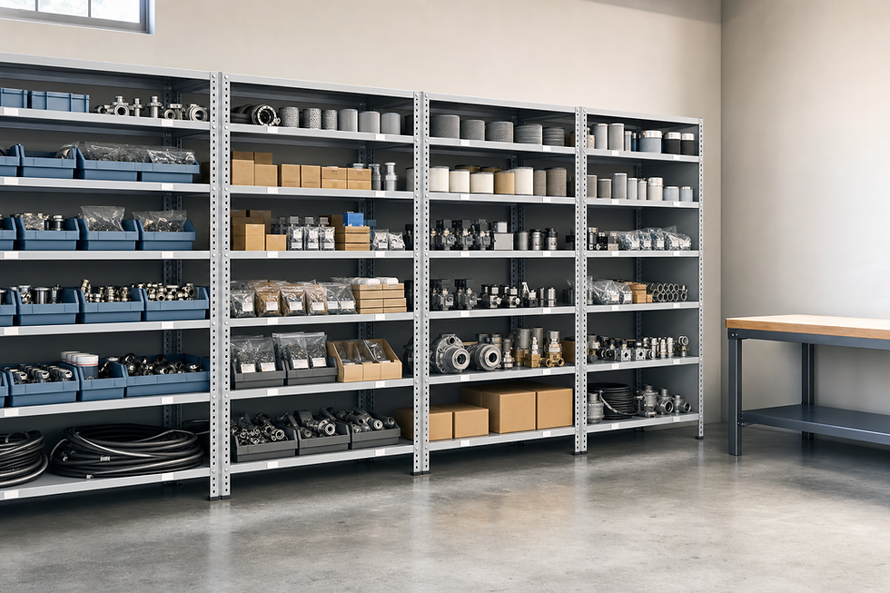 Organised storage shelves filled with various mechanical parts and equipment in a workshop setting.