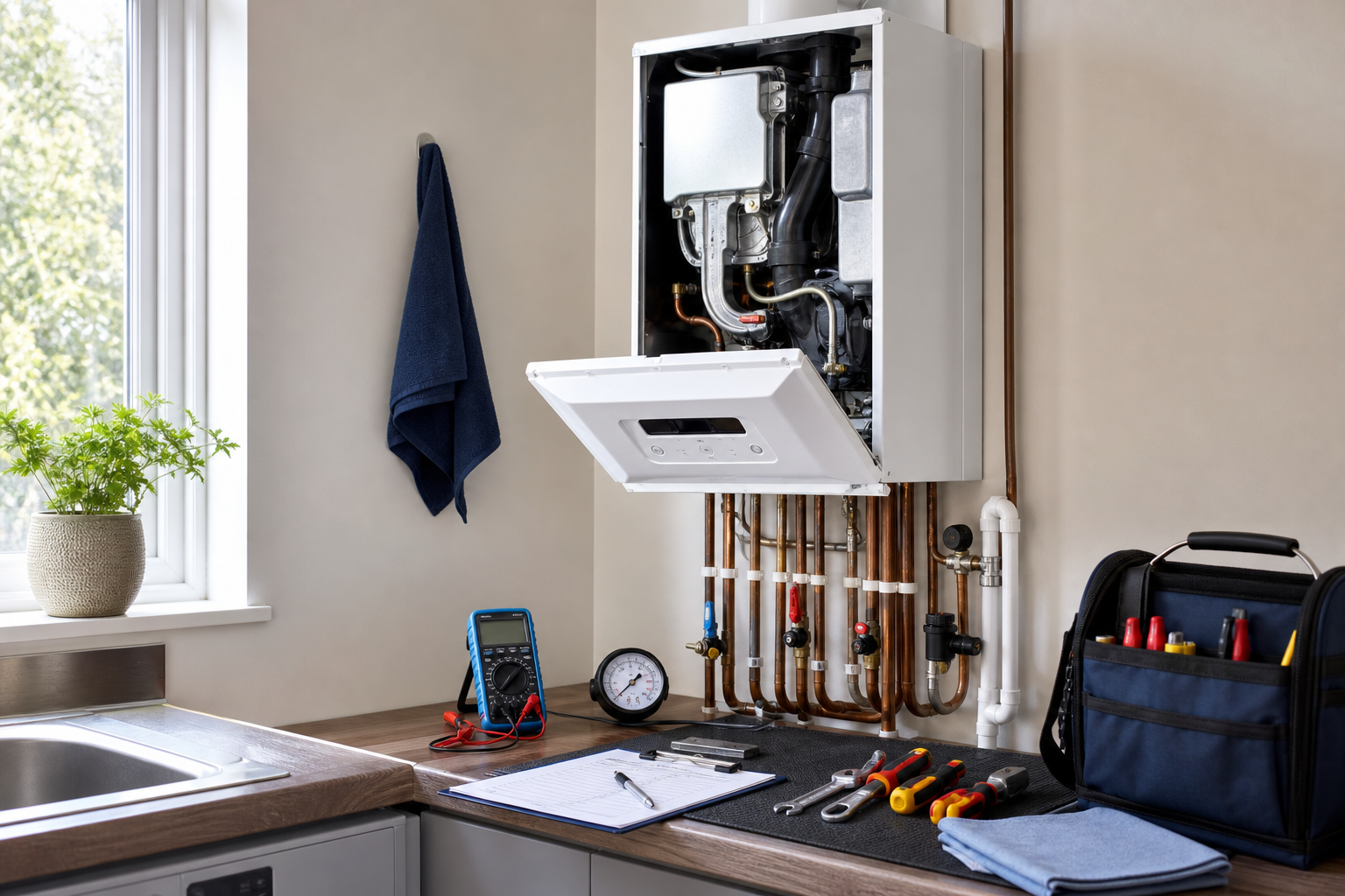 Home boiler system with tools and maintenance equipment on a countertop.