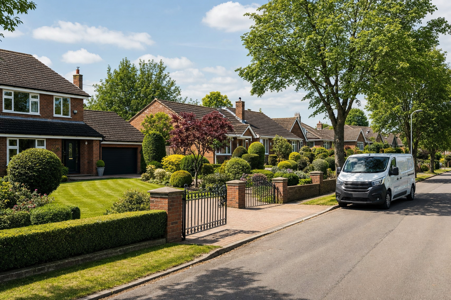 A row of suburban brick houses with well-kept gardens and a white van parked on the street.
