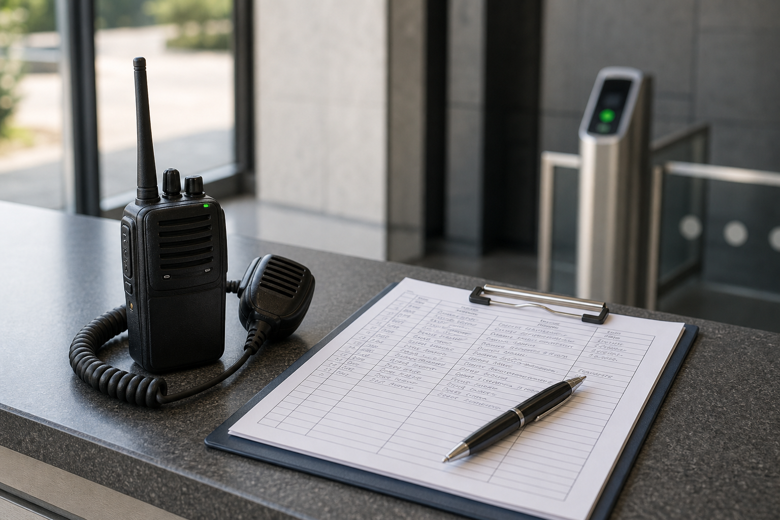 A walkie-talkie and a clipboard with a pen rest on a security desk near a turnstile.