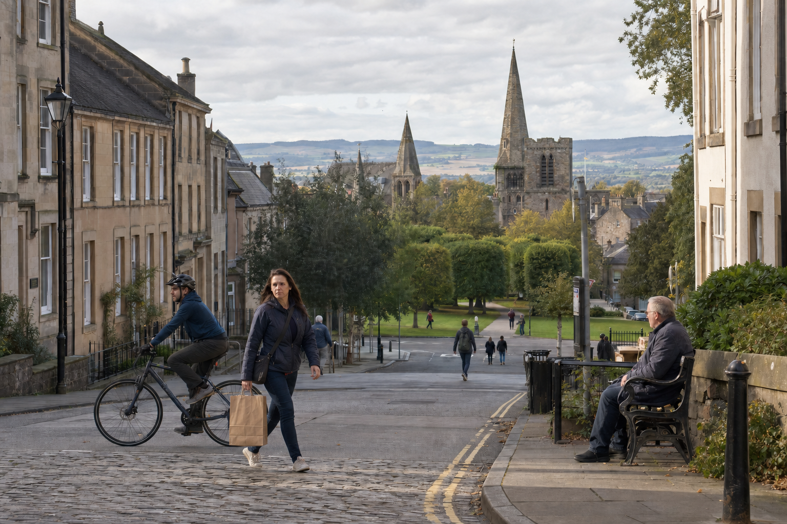 A street scene with a cyclist, a woman carrying a shopping bag, and a park in the background featuring historic church spires.