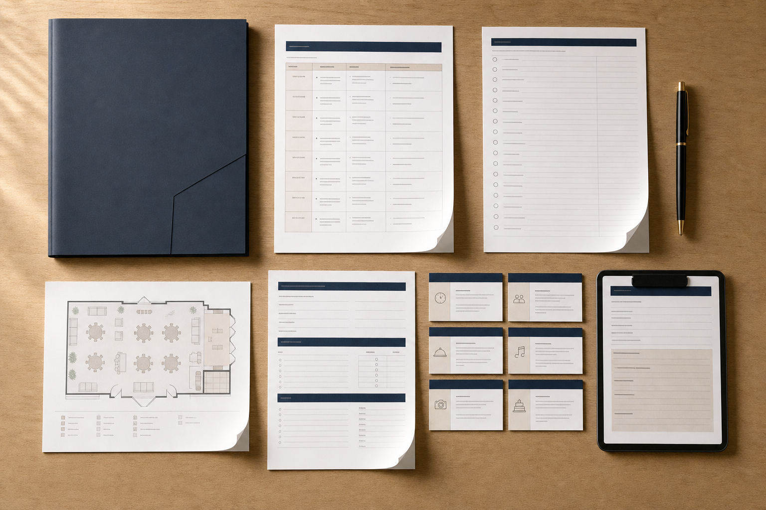 A neatly arranged collection of office stationery on a wooden surface, including a notebook, pen, papers, and clipboard.