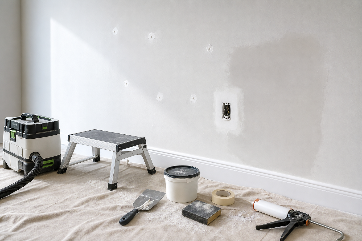 Room in process of renovation with tools and supplies on a drop cloth.