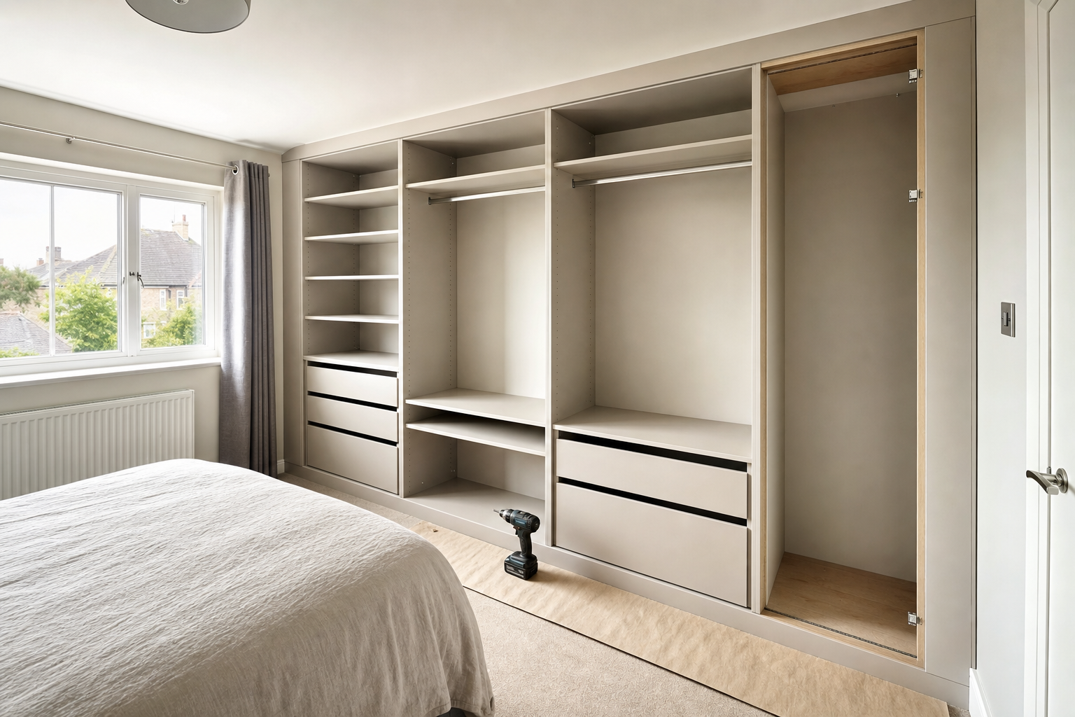 A bedroom with a partially assembled fitted wardrobe, shelves, and a cordless drill on the floor.