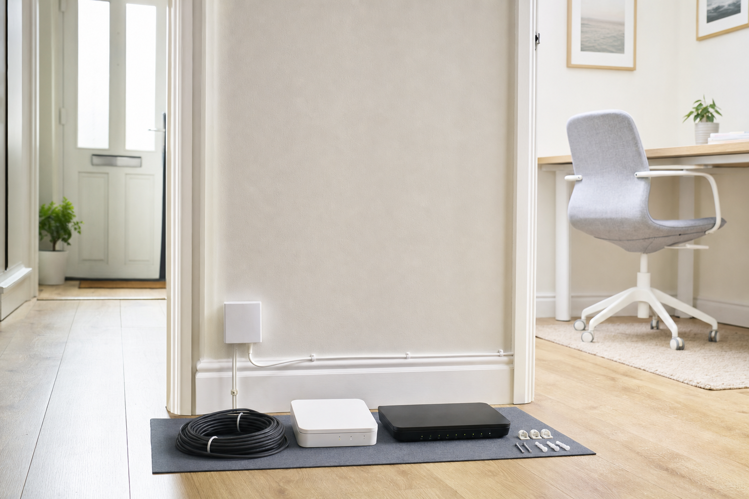 Network equipment and cables neatly arranged on the floor in a home office setup.