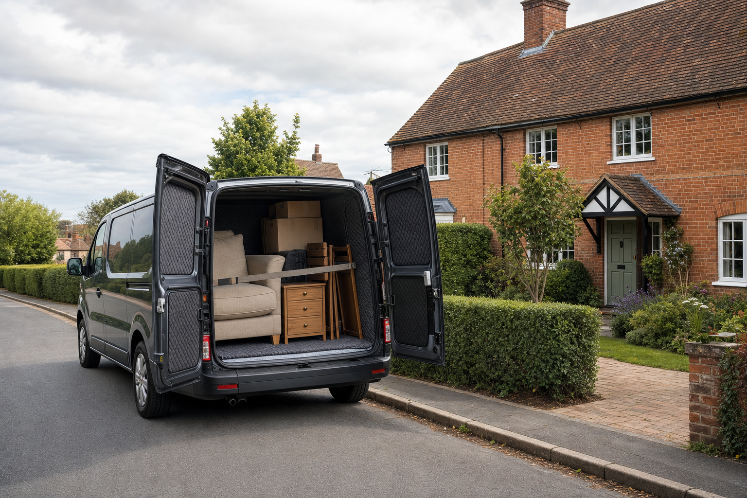 A moving van with open doors is parked outside a brick house, showing furniture and boxes inside.