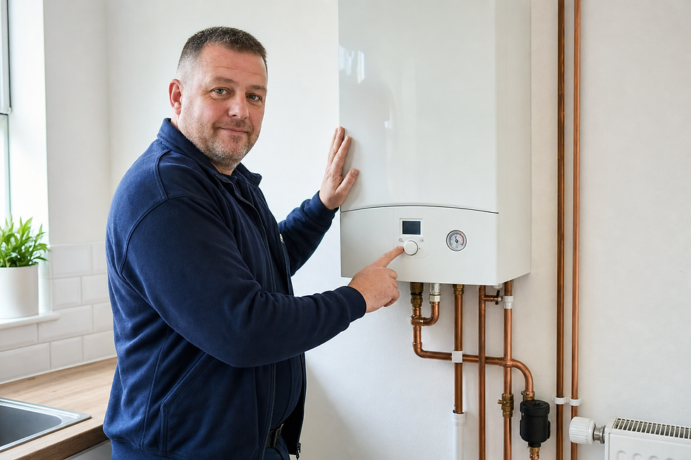 Man adjusting controls on a domestic boiler with copper piping in a clean, modern kitchen setting.
