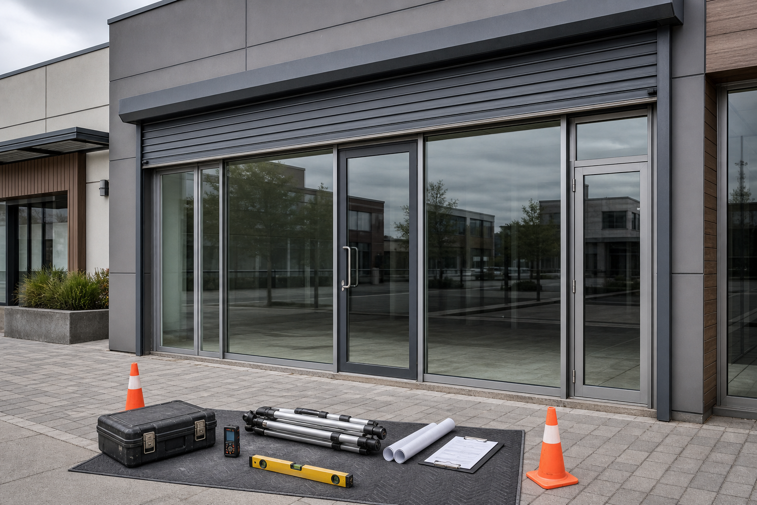 Construction tools and plans are set up in front of a modern building with glass doors.