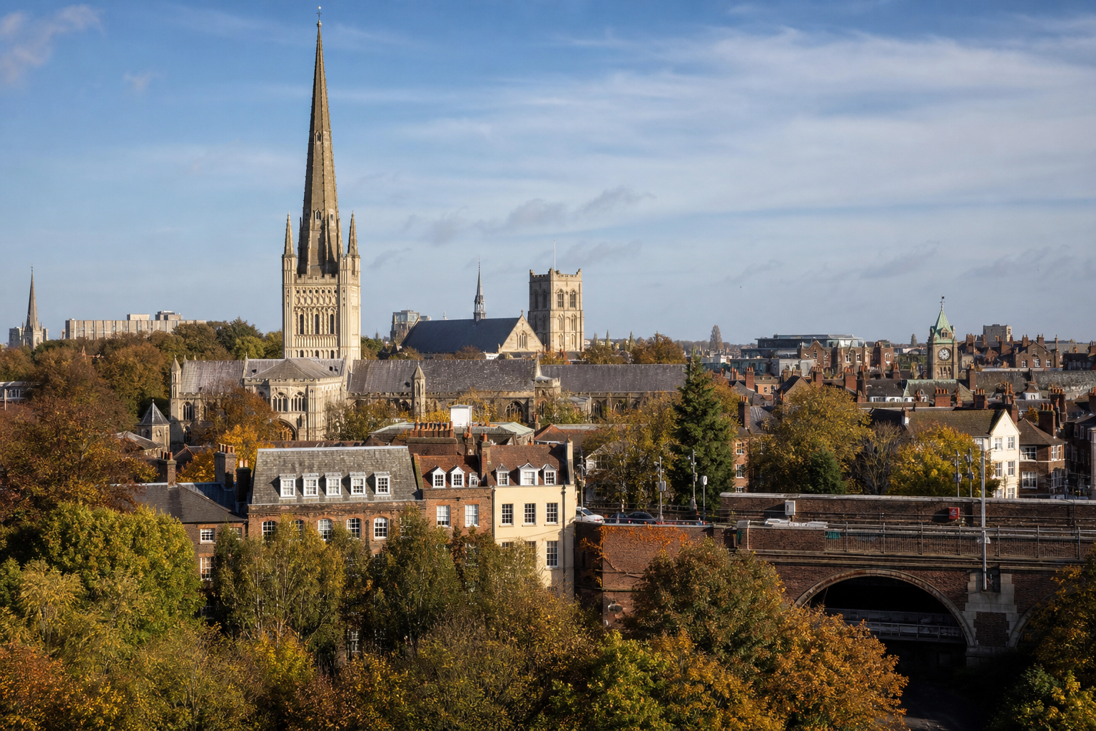 Historic cathedral towers above a cityscape with vibrant autumn trees.