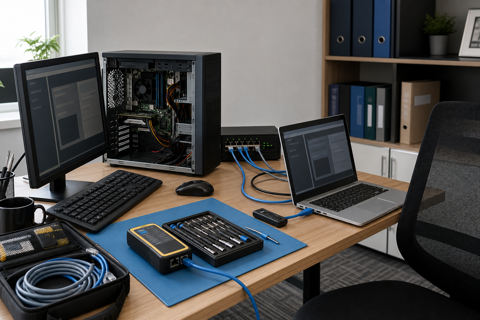 Computer repair setup with tools, open desktop, monitors, and laptop on a wooden desk.