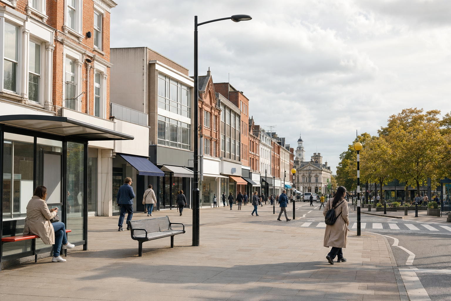 Pedestrians walk along a busy high street with shops and trees, under a cloudy sky.