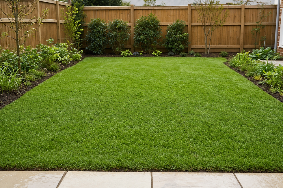 A neatly maintained green lawn surrounded by flowerbeds and bordered by a wooden fence.