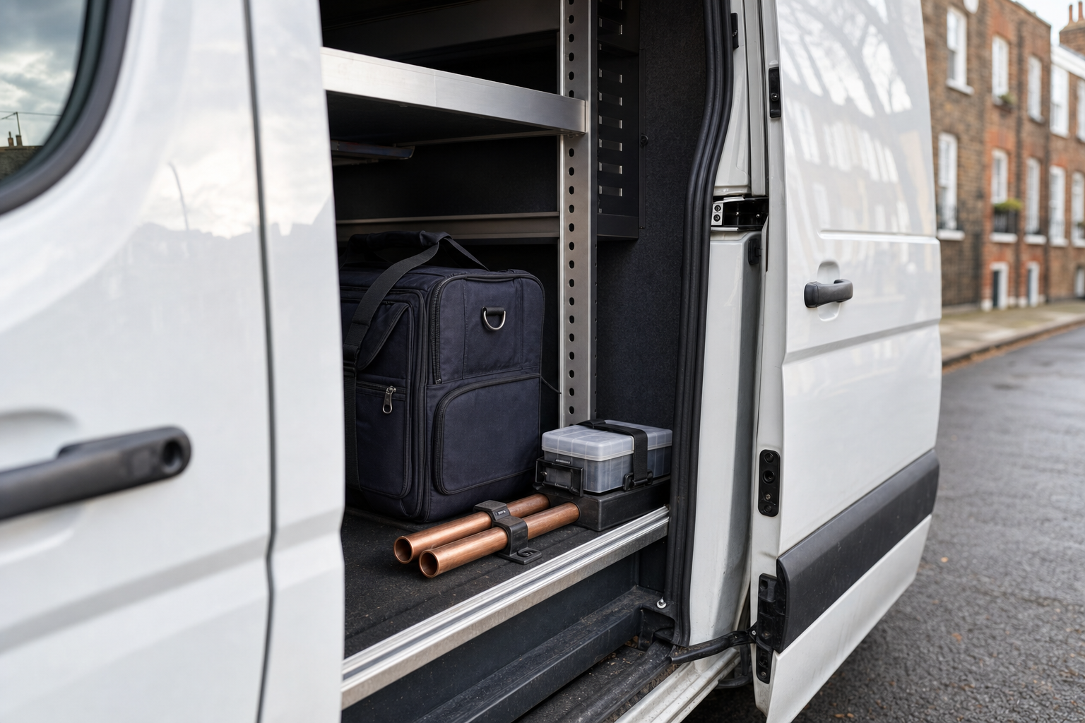 Open van door showing tools and equipment, including a bag, pipes, and a storage box, on a city street.