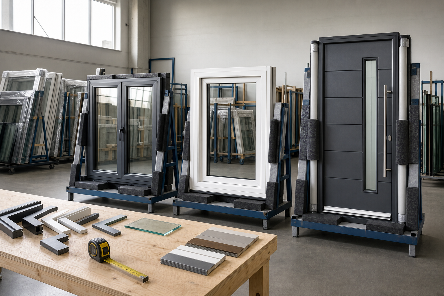 Factory setting showcasing sample windows, a door, and materials on a workbench.