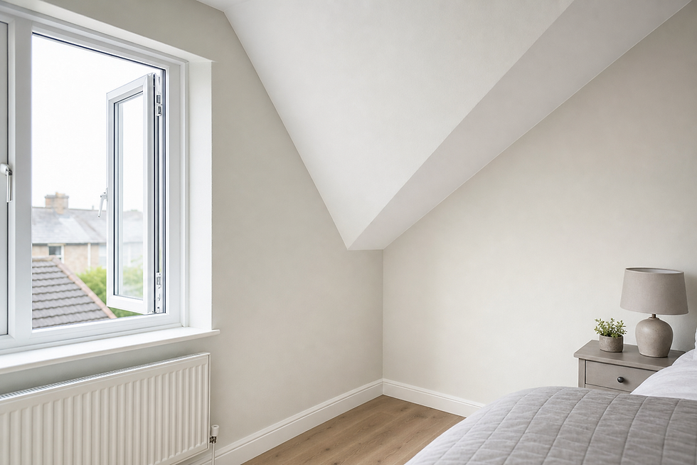 A minimalist bedroom with a sloped ceiling, open window, radiator, bedside table, lamp, and small plant.
