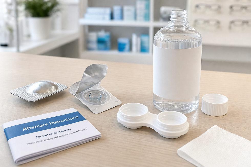 Contact lens kit with solution bottle, storage case, and aftercare instructions on a wooden surface.