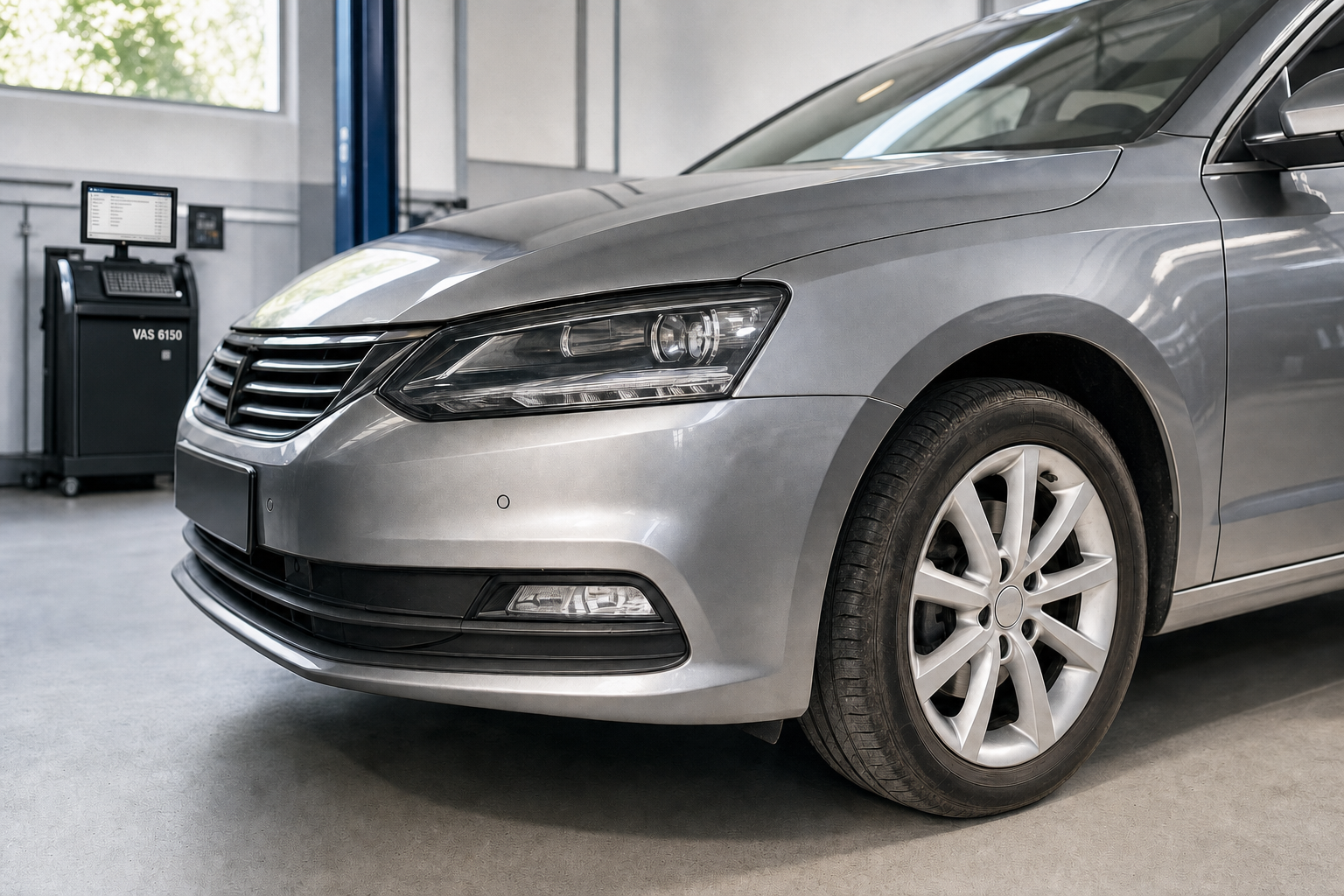 Silver car in a garage with a computerised testing machine in the background.