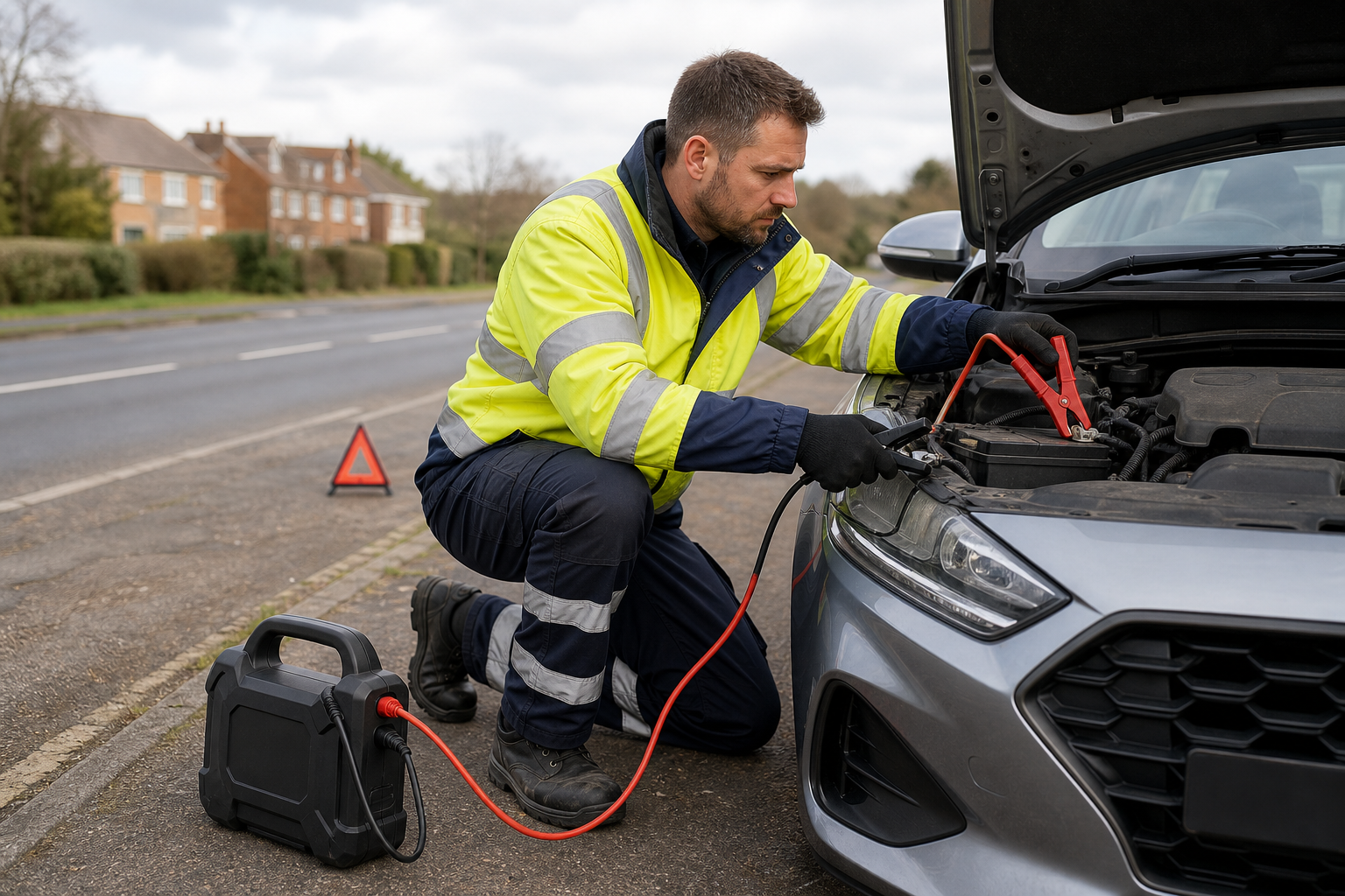 Worker jump-starting a car with a portable battery on the roadside.