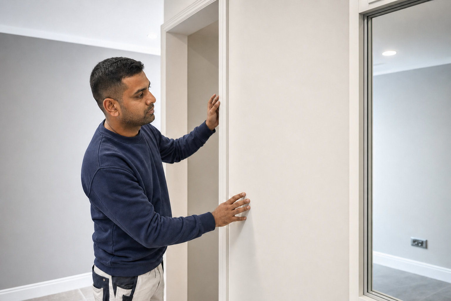 A man wearing a navy jumper is carefully inspecting a light-coloured wall in a modern indoor space.