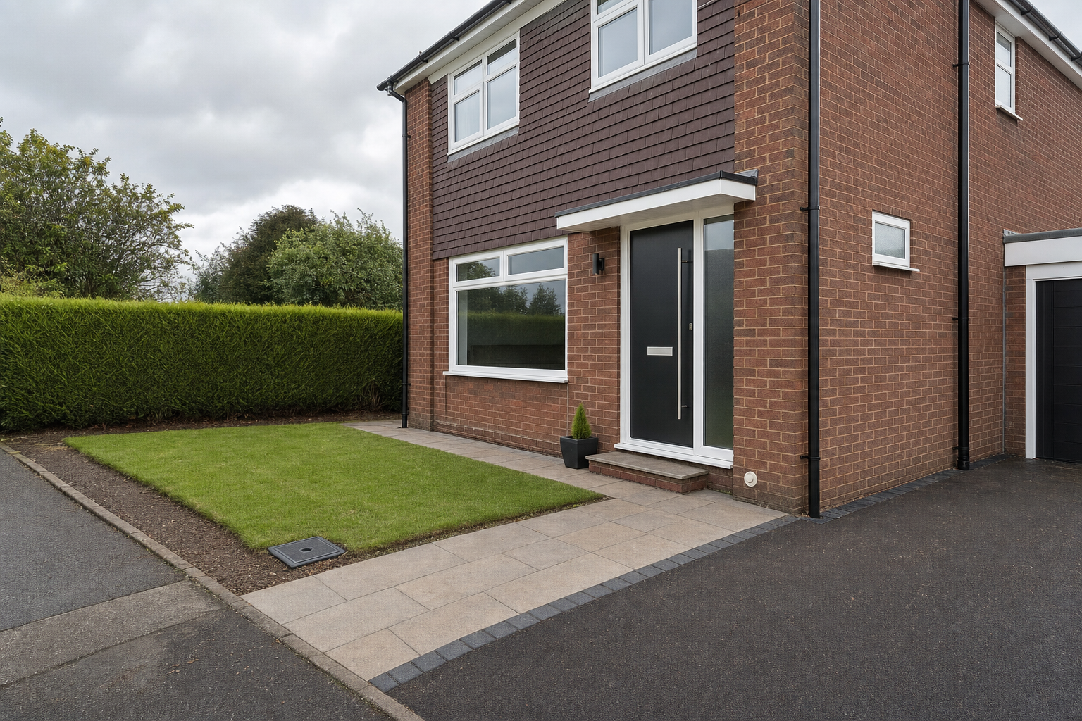 Modern brick house with a front garden, paved path, and a black front door under a cloudy sky.
