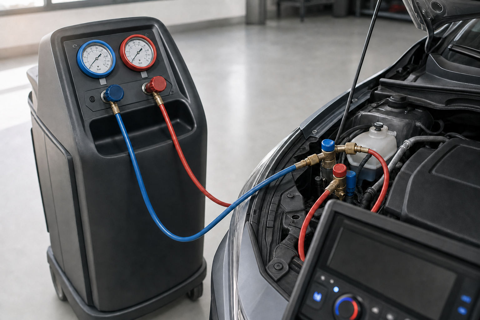 Air conditioning service machine connected to a car's engine compartment with red and blue hoses.