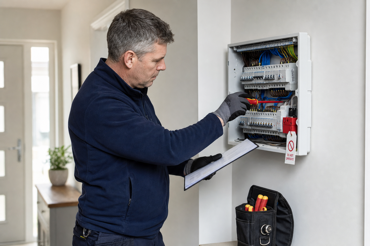 Electrician examining a fuse box, holding a screwdriver and clipboard, with a tool bag nearby.
