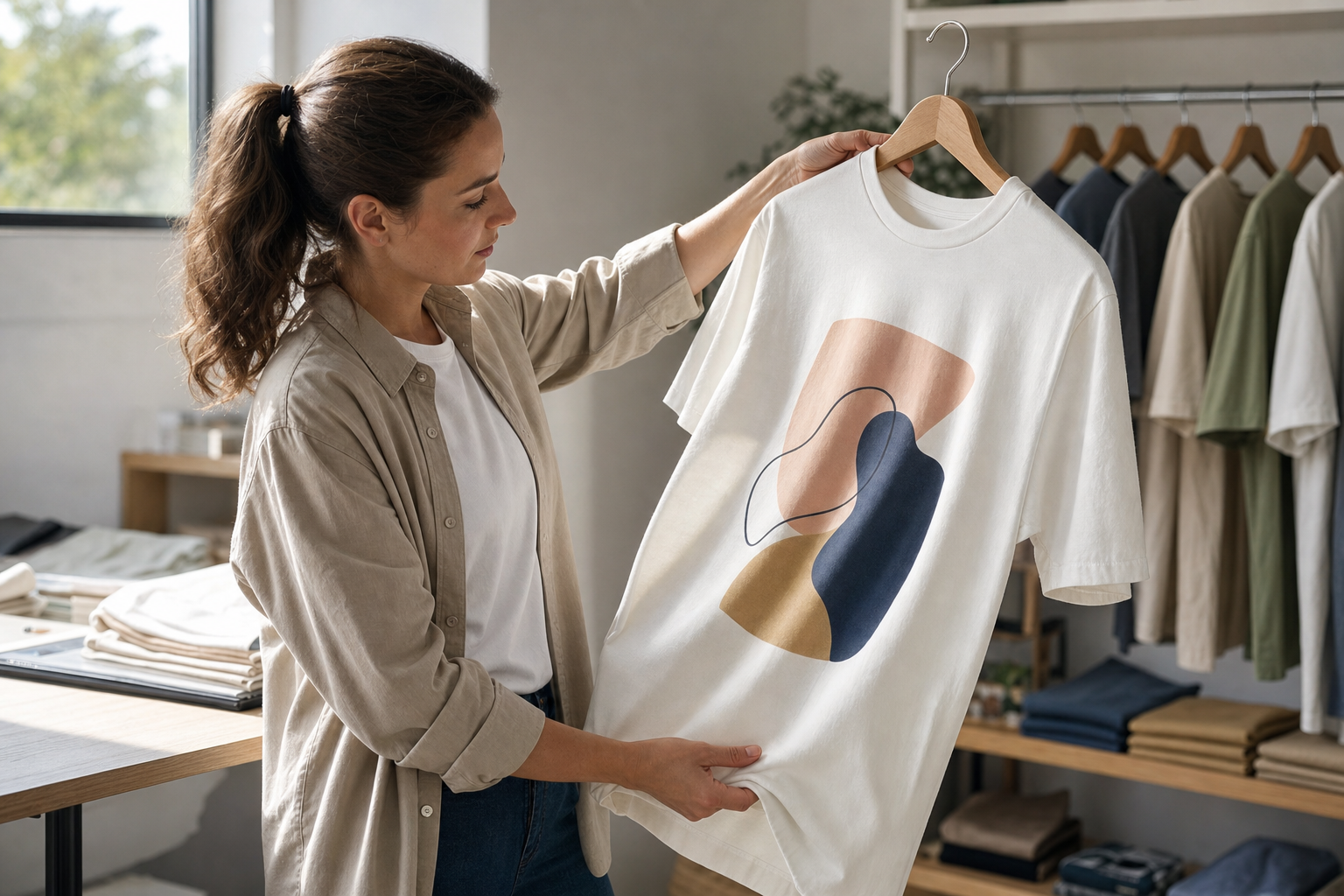 A woman examines a white T-shirt with an abstract design in a clothing store.