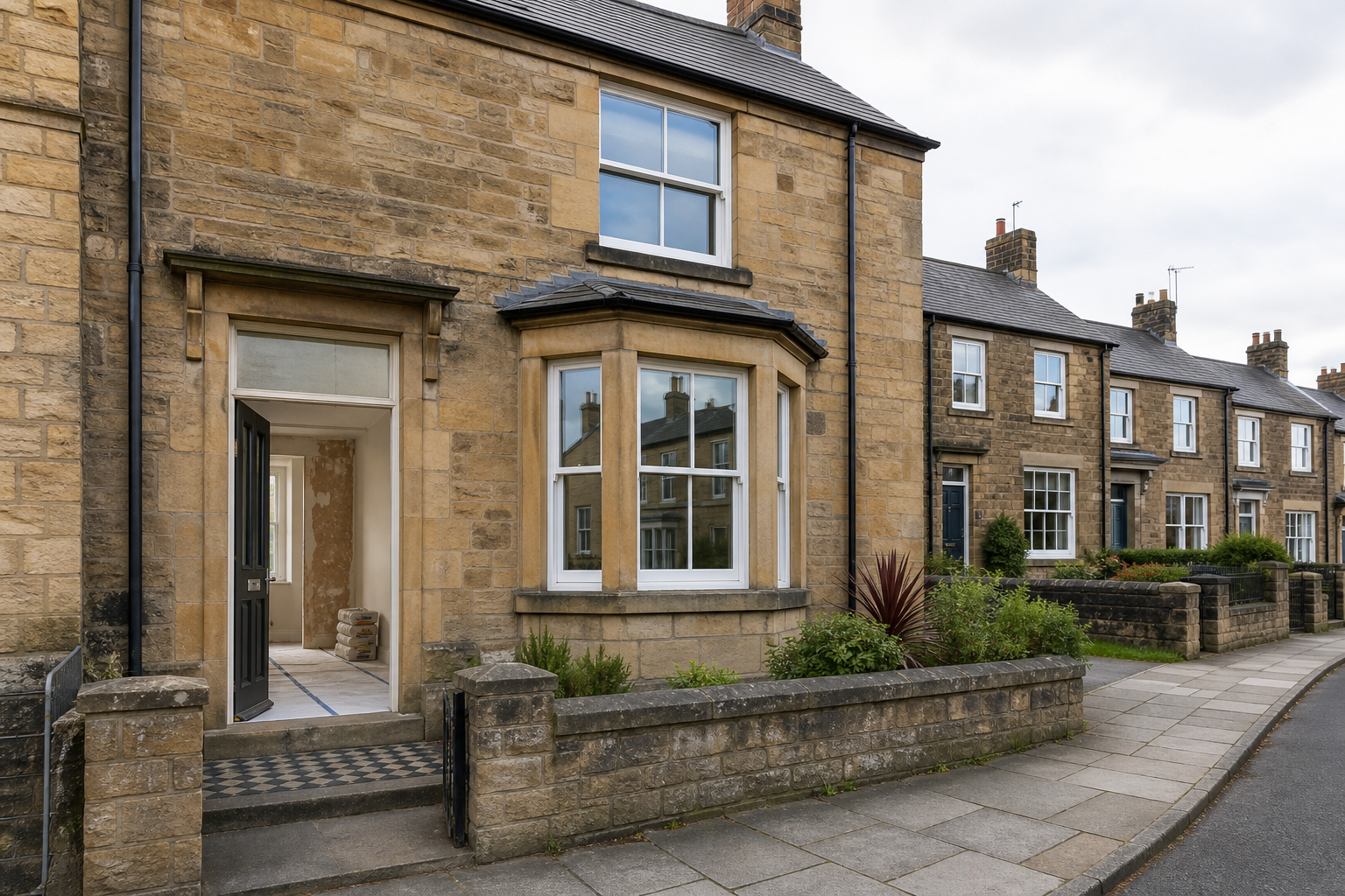 Traditional terraced houses with stone facades, featuring an open door revealing bags of plaster inside.
