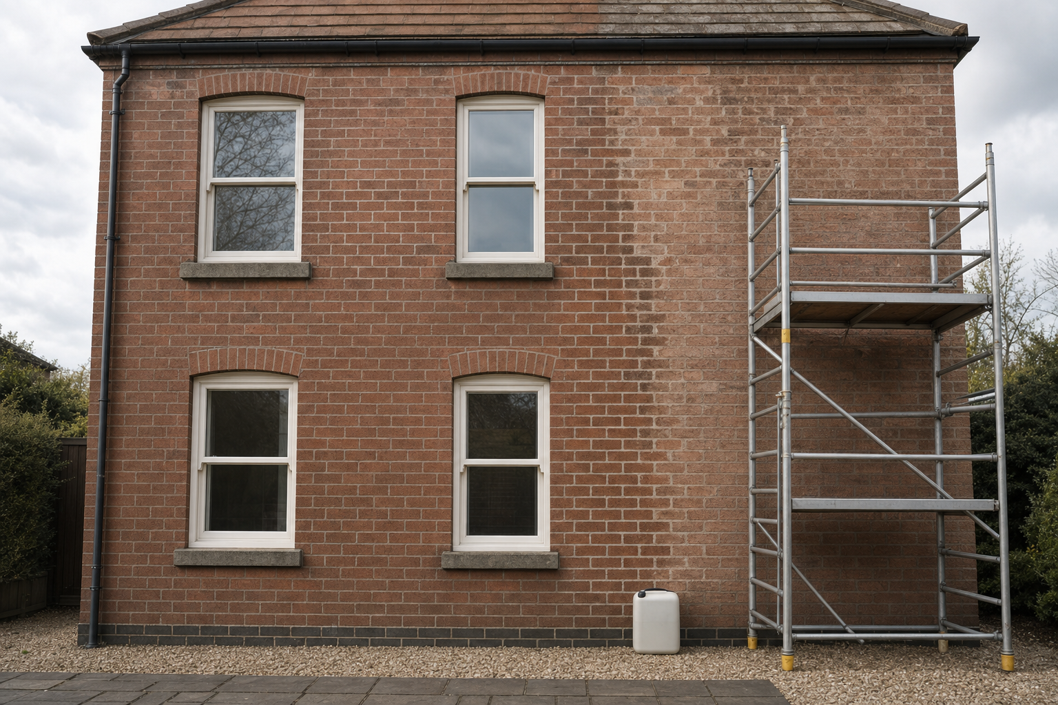 Two-storey brick house with scaffolding on the right side for maintenance or repair work.